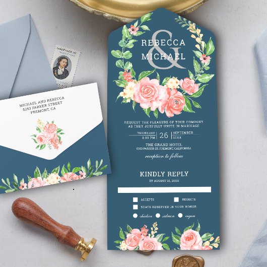 Invitation Tout En Un Rose floral rose pâle Garland Mariage bleu foncé