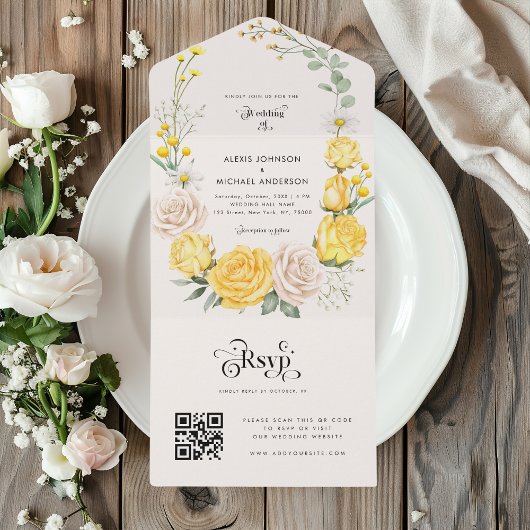 Invitation Tout En Un Rose florale à l'aquarelle jaune & typographie mod