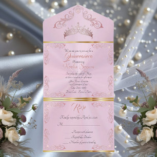 Invitation Tout En Un Rose Gold Bordure Vintage Quinceanera - Rose Pâle