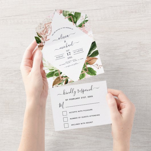 Invitation Tout En Un Rose Gold Botanical Greenery Mariage (Déchirure)