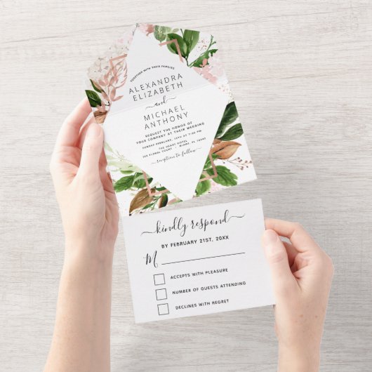 Invitation Tout En Un Rose Gold Botanical Greenery Mariage (Déchirure)