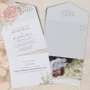 Invitation Tout En Un Rose Gold Elegant Aquarelle Floral Folial Photo