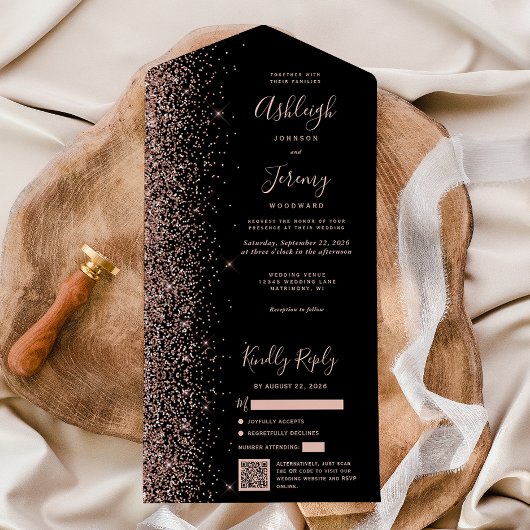 Invitation Tout En Un Rose Gold Glitter Black QR Code Wedding