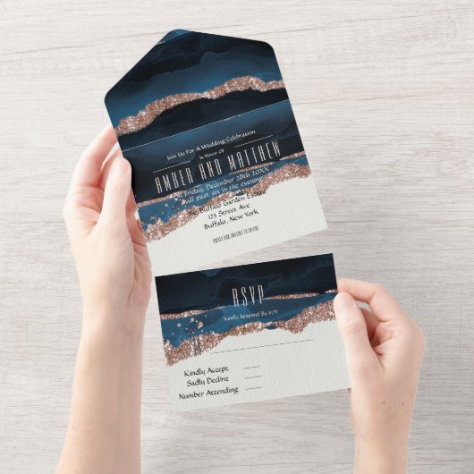 Invitation Tout En Un Rose Gold Navy Blue Alcohol Ink Mariage (Déchirure)