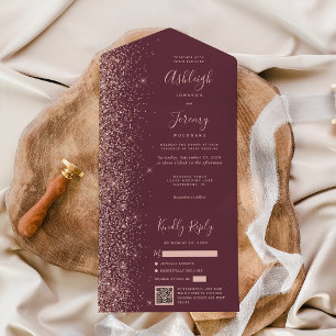 Invitation Tout En Un Rose Gold Pailleté Mariage Code QR Bourgogne