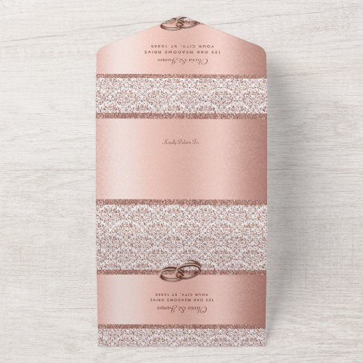 Invitation Tout En Un Rose Gold Parties scintillant Damask Mariage éléga (Dehors)