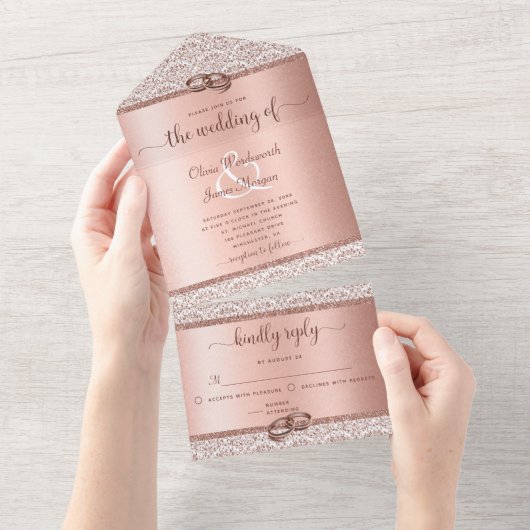 Invitation Tout En Un Rose Gold Parties scintillant Damask Mariage éléga (Déchirure)