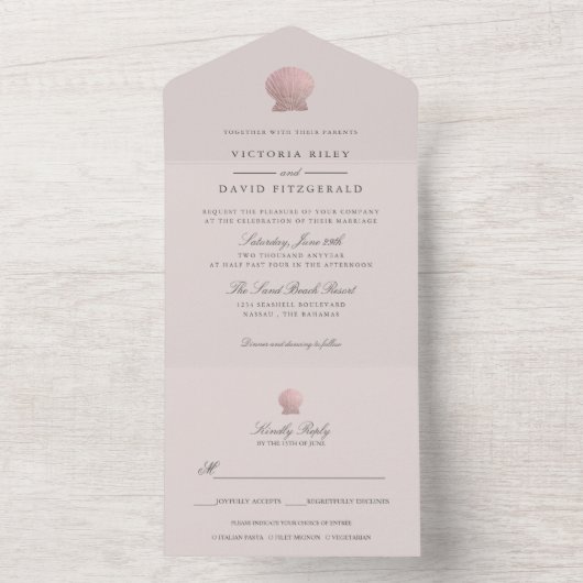 Invitation Tout En Un Rose Gold Seashell Elegant Ocean Beach GRAY (À l'intérieur)