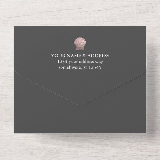 Invitation Tout En Un Rose Gold Seashell Elegant Ocean Beach GRAY (Verso)