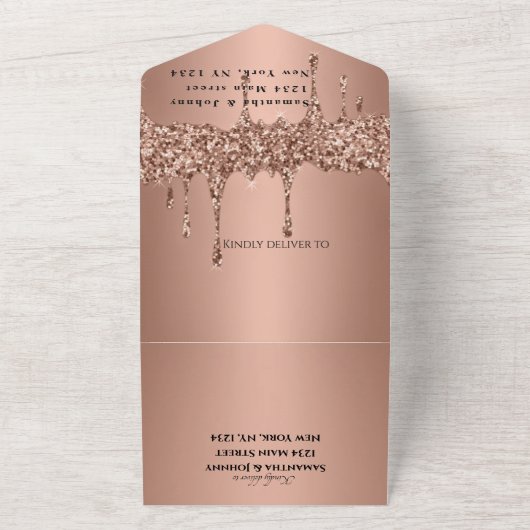 Invitation Tout En Un Rose Gold Sparkle RSVP Élégant Mariage moderne (Dehors)
