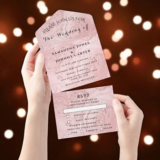 Invitation Tout En Un Rose Gold Sparkle RSVP Elegant Moderne Mariage Tou