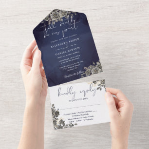 Invitation Tout En Un Rose gothique Floral Midnight Blue Script Mariage