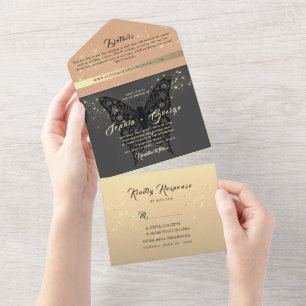 Invitation Tout En Un Rose moderne or et Mariage noir