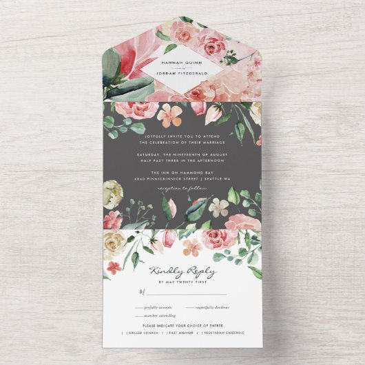 Invitation Tout En Un Rose Moody | Romantic Spring Florals Mariage (À l'intérieur)