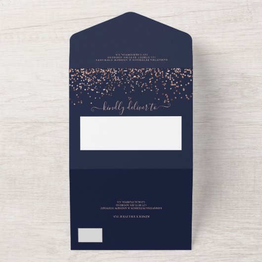 Invitation Tout En Un Rose or confetti marine bleu script mariage (Dehors)