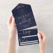 Invitation Tout En Un Rose or confetti marine bleu script mariage (Déchirure)