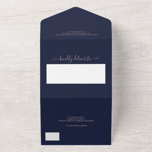 Invitation Tout En Un Rose or frontière marine bleu script mariage (Dehors)