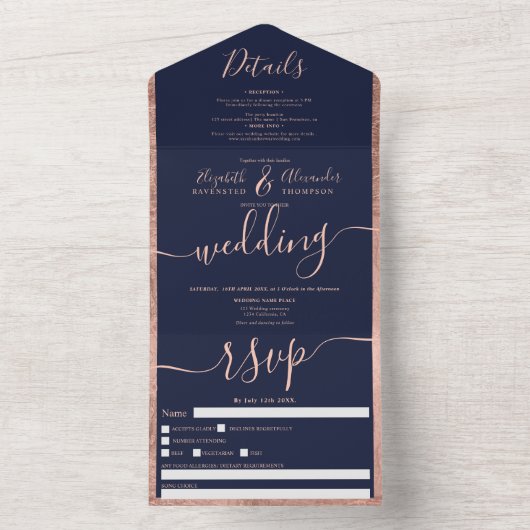 Invitation Tout En Un Rose or frontière marine bleu script mariage (À l'intérieur)