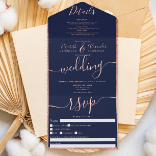 Invitation Tout En Un Rose or frontière marine bleu script mariage