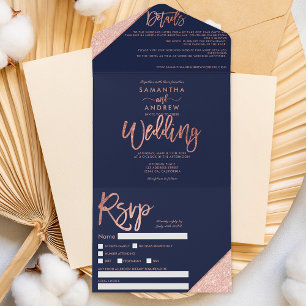 Invitation Tout En Un Rose or parties scintillant typographie marine ble