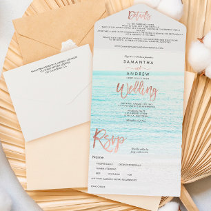 Invitation Tout En Un Rose or typographie plage photo mariage