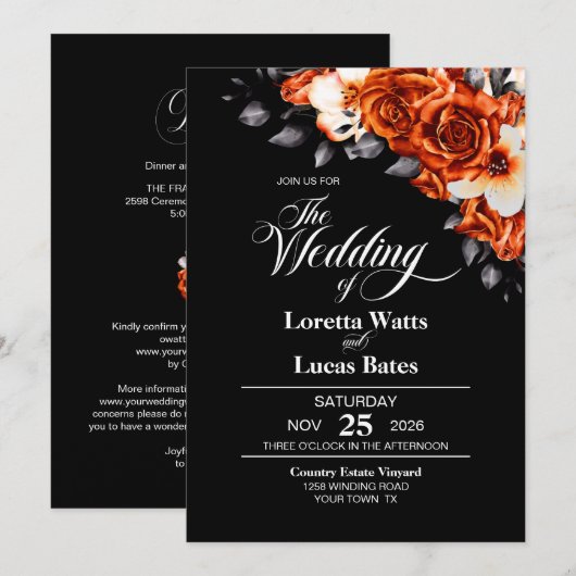 Invitation Tout en un Rose orange brûlé Floral Black Mariage (Devant / Derrière)