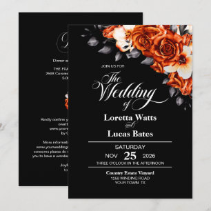 Invitation Tout en un Rose orange brûlé Floral Black Mariage