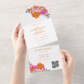 Invitation Tout En Un Rose Orange Vibrant été Floral QR Code Mariage (Déchirure)
