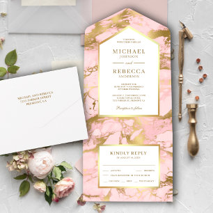 Invitation Tout En Un Rose Pâle Élégant en Marbre avec Feuille de Dorure