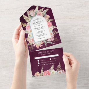 Invitation Tout En Un Rose Pâle Floral Boho Herbe de Pampas Mariage