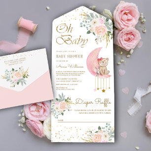 Invitation Tout En Un Rose Pâle Floral Lune Ourson Mignon Baby Shower