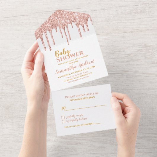 Invitation Tout En Un Rose  Parties scintillant or Baby shower (Déchirure)
