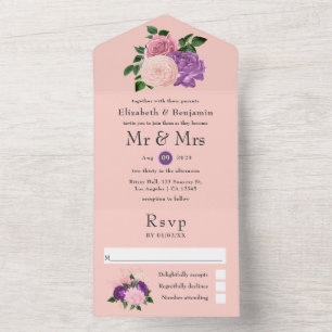 Invitation Tout En Un Rose Pêche et Fleurs Violettes Mariage Tout En Un