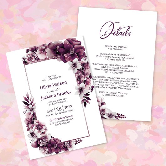 Invitation Tout en un rose Plum Mariage Floral