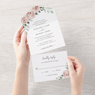 Invitation Tout En Un Rose Poussiéreuse Fleurs Aquarelle Élégant Mariage