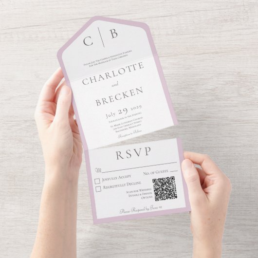 Invitation Tout En Un Rose Poussiéreux & Code QR Minimal Monogramme Blan (Déchirure)