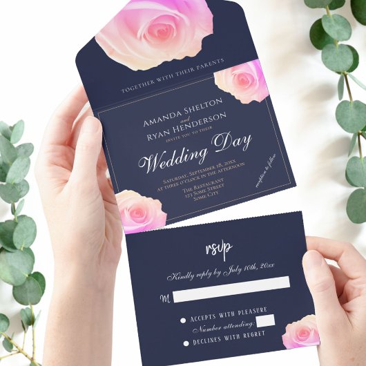Invitation Tout En Un Rose rose mariage floral bleu marine