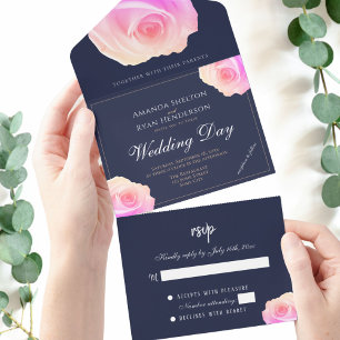 Invitation Tout En Un Rose Rose Marine bleu Mariage Floral
