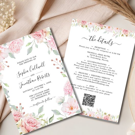 Invitation Tout en un rose Roses Sage Mariage de verdure