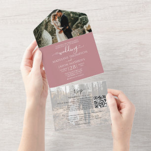 Invitation Tout En Un Rose simple rose 2 photo Code QR Mariage RSVP