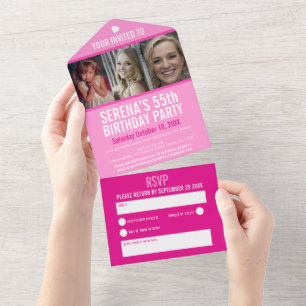 Invitation Tout En Un Rose trois photos 55e fête d'anniversaire