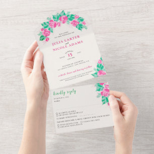 Invitation Tout En Un Rose Vert Rose Pétales Fleurs Jardin Mariage