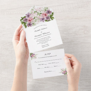 Invitation Tout En Un Rose Vert Violet Floral Élégant Mariage Classique 