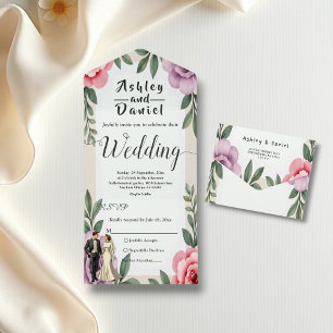 Invitation Tout En Un Rose violet Roses Couple Aquarelle Mariage Floral