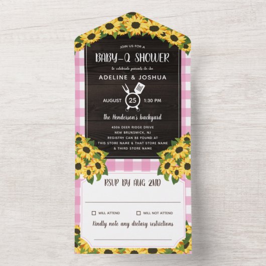 Invitation Tout En Un Rosée Rustique En vichy Tournesols Bébé-Q Douche (À l'intérieur)