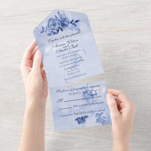 Invitation Tout En Un Roses Aquarelle Bleue  (Déchirure)