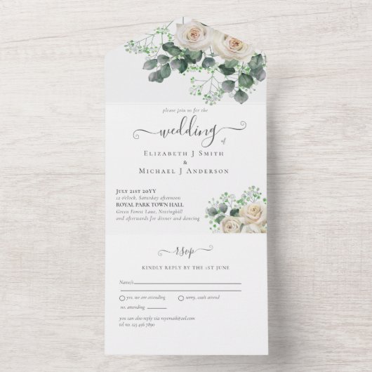 Invitation Tout En Un Roses blanches complètes Mariage floral RSVP (À l'intérieur)
