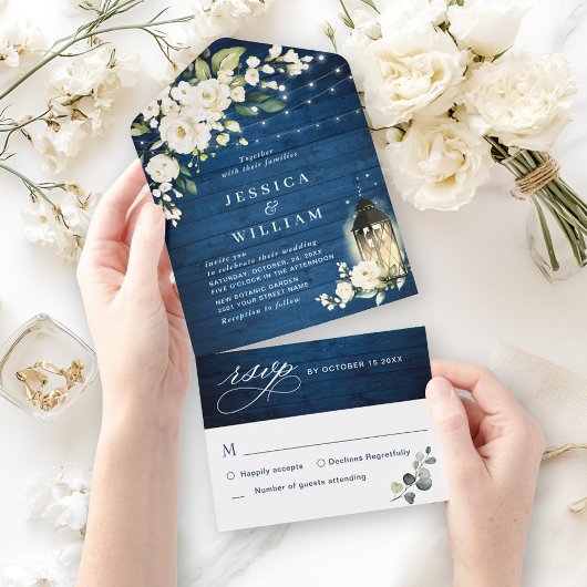 Invitation Tout En Un Roses blanches Mariage de lanterne en bois bleu