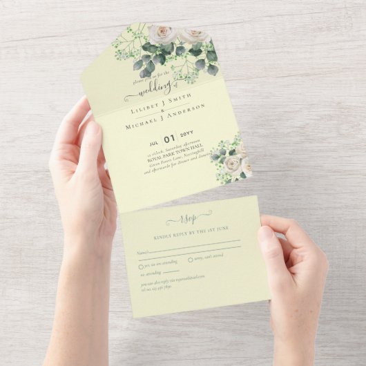 Invitation Tout En Un Roses blanches Sage Eucalyptus Citron MARIAGE jaun (Déchirure)