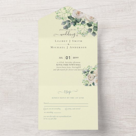 Invitation Tout En Un Roses blanches Sage Eucalyptus Citron MARIAGE jaun (À l'intérieur)